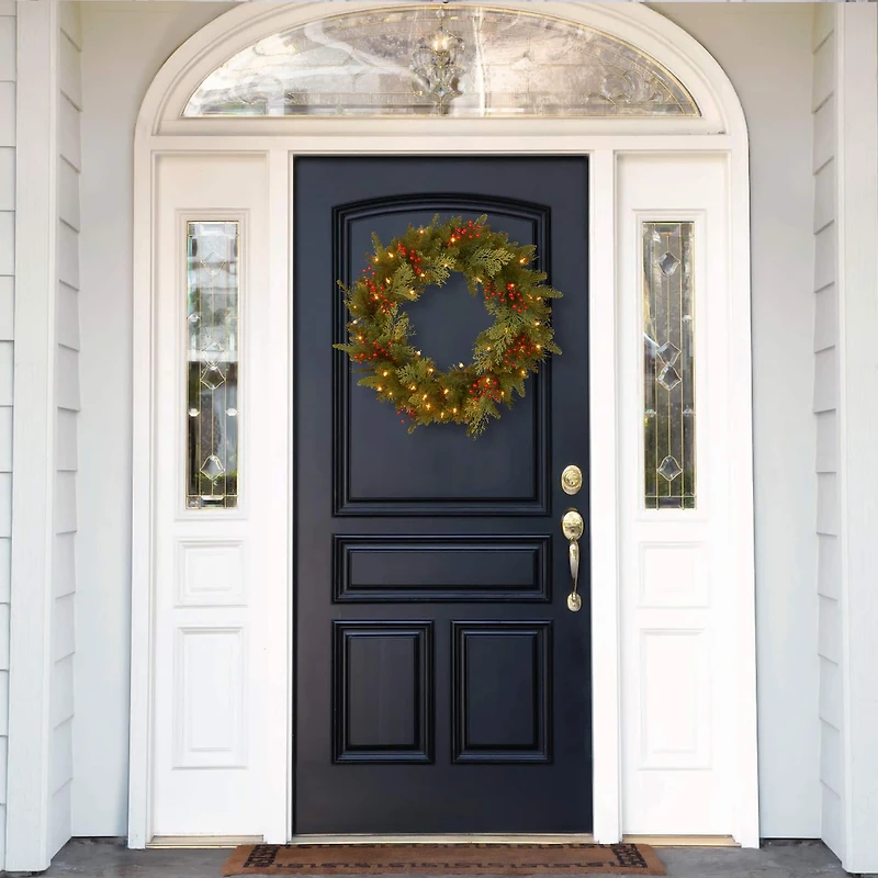 24" Feel Real® Classical Collection Wreath with Red Berries, Cedar Leaves & Warm White LED Lights