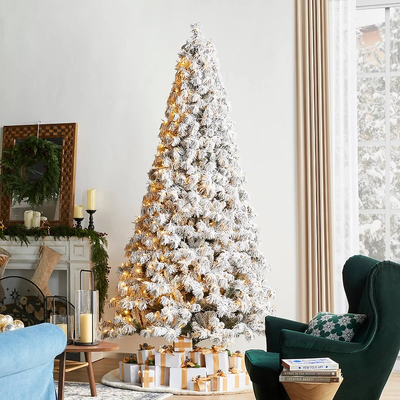 Glitzhome® 9ft Pre-Lit Flocked Full Spruce Artificial Christmas Tree, Warm White LED Lights