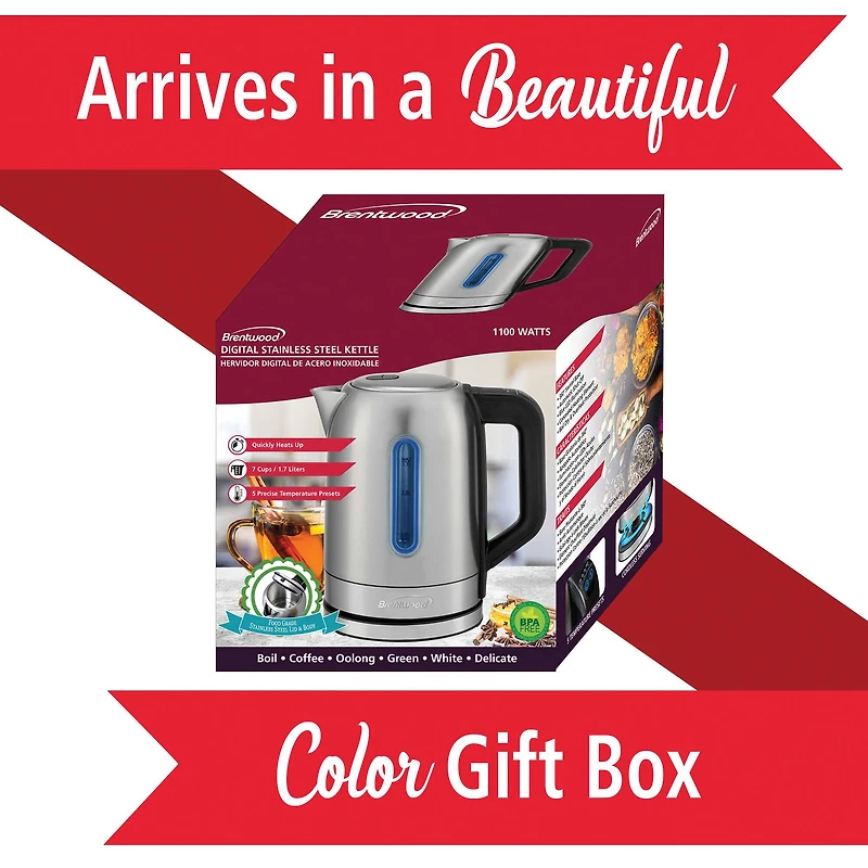 Brentwood 1.79qt. 1,500 Watt Cordless Digital Stainless Steel Kettle With 5 Temperature Presets & Swivel Base