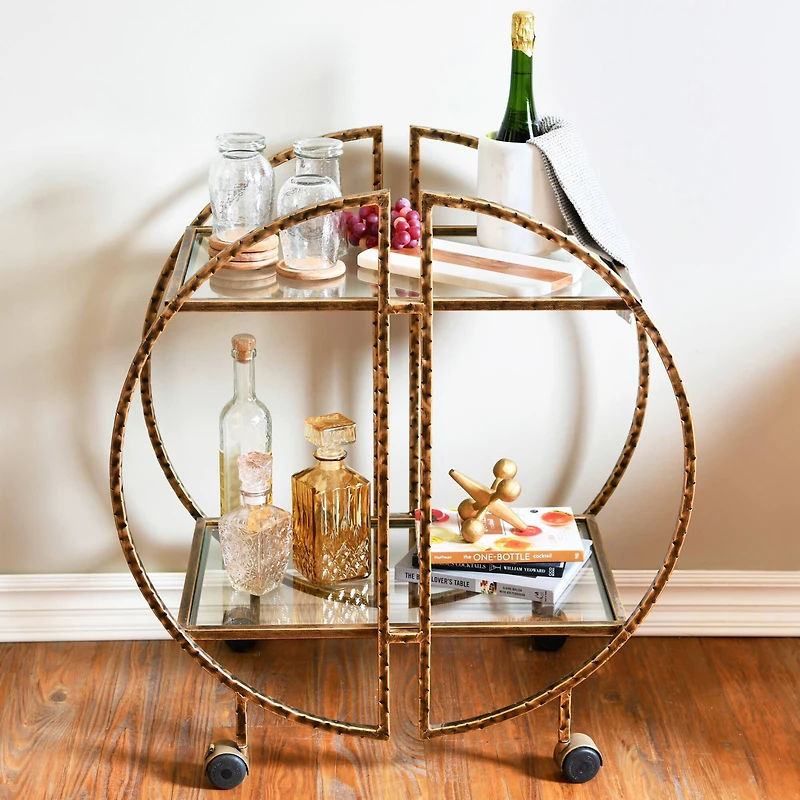Hello Honey® Modern Hammered Brass Round Bar Cart