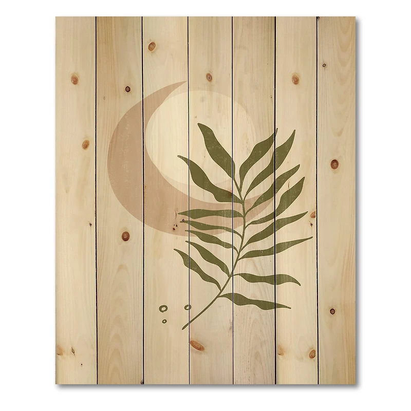 Designart - Abstract Geometrical Moon With Leaf II - Modern Print on Natural Pine Wood