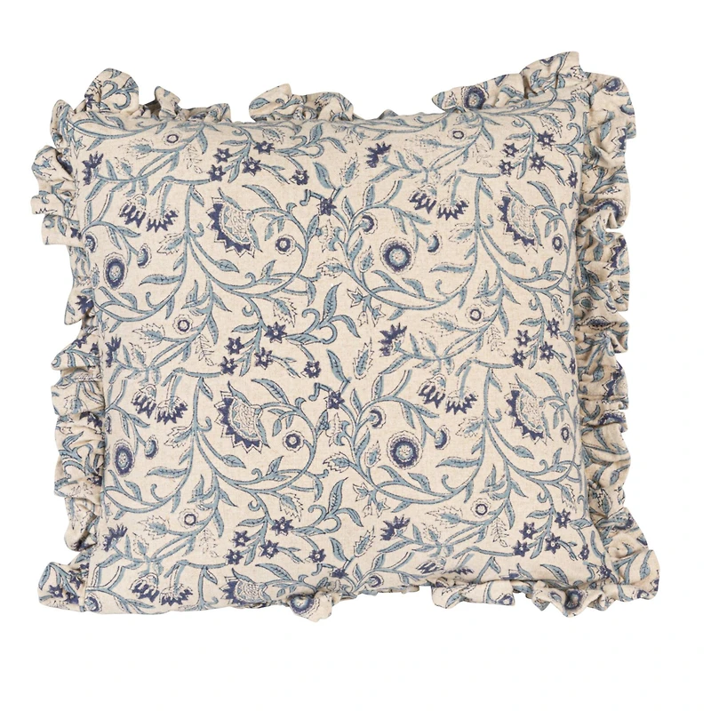 Hello Honey® 18" Blue & White Floral Accent Pillow with Ruffled Edges
