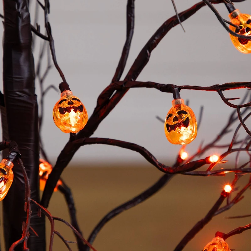 3ft. Pre-Lit Artificial Halloween Black Twig Tree with 18 Orange LED Pumpkin Shaped Lights