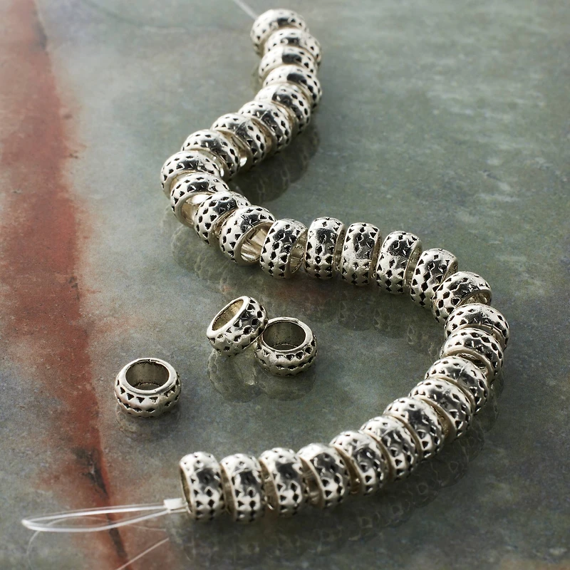 Antique Silver Large Hole Metal Rondelle Beads, 7mm by Bead Landing™