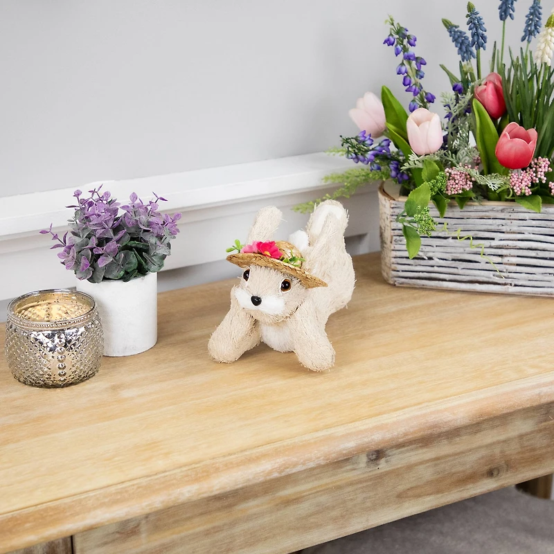 8.75" Beige Rabbit with Floral Straw Hat Easter Figurine