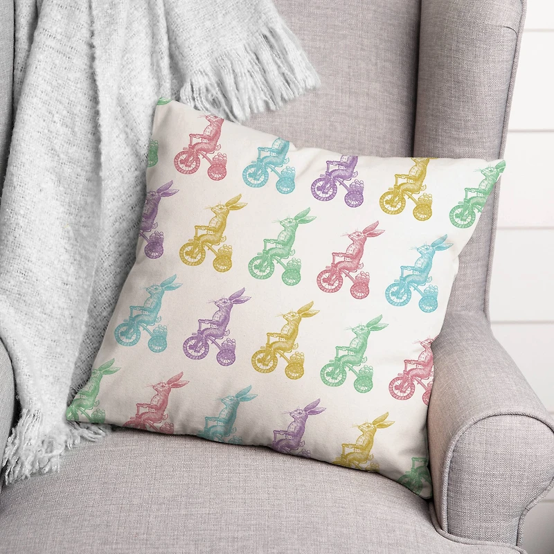 Pastel Bunnies on Bikes Easter Throw Pillow