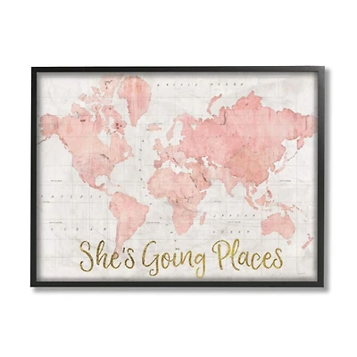 Stupell Industries She's Going Places Pink Watercolor World Map Framed Wall Art