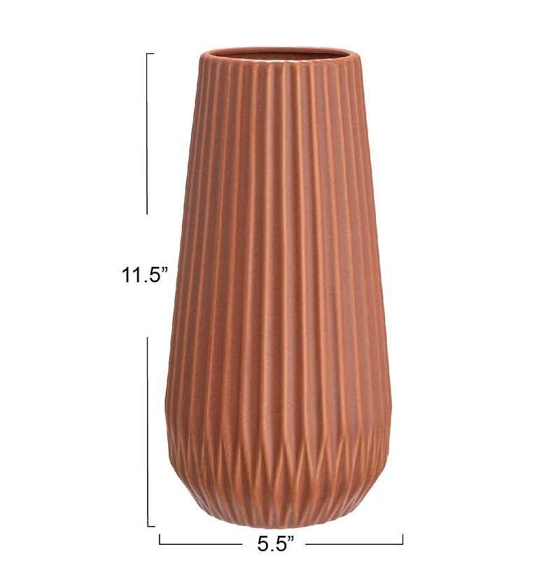 Hello Honey® 11.4" Matte Terra Cotta Round Stoneware Fluted Vase with Embossed Lines