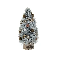 Hello Honey® 12.25" Frosted Ornaments, Pinecones & Glitter Christmas Tree with Wood Slice Base
