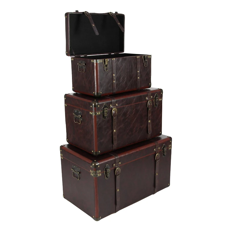 Set of 3" Brown Leather Traditional Trunk, 19", 24", 27"