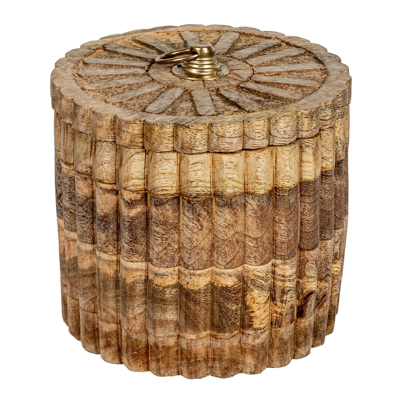 Hello Honey® 5.75" Round Carved Mango Wood Pleated Box with Lid & Metal Pull