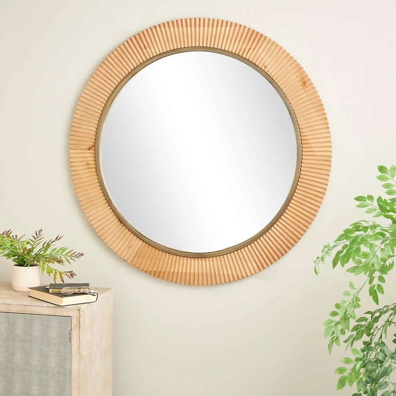  43" Brown Wood  Fluted Room Wall Mirror with Scalloped Edge