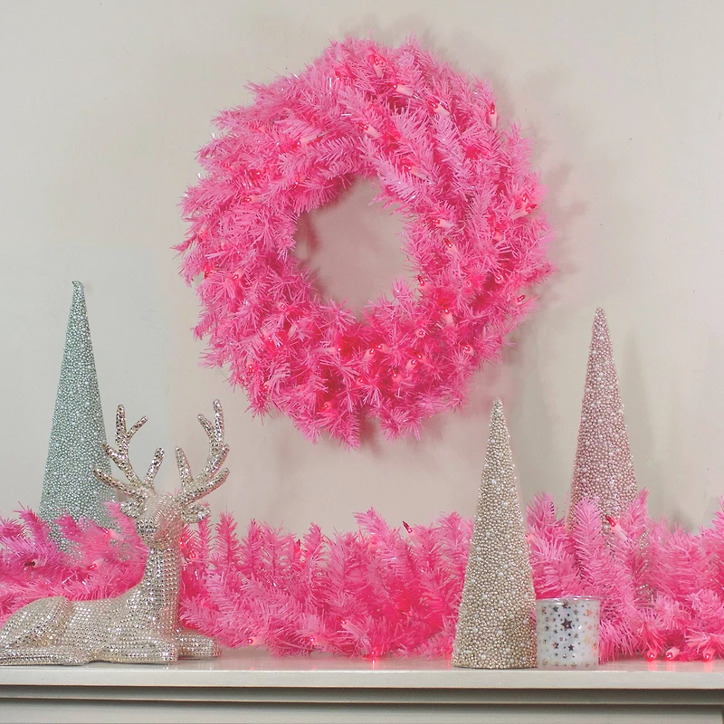 3ft. Pre-Lit Pink Spruce Christmas Wreath, Pink Lights