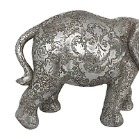 7" Silver Elephant Engraved Floral Sculpture