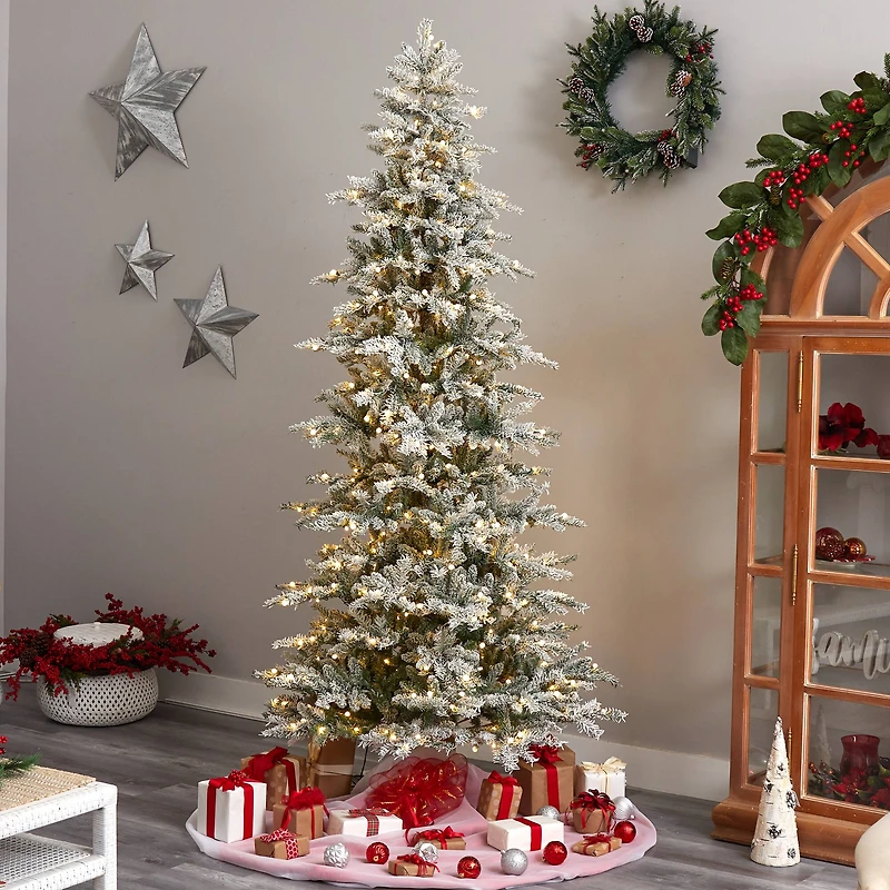 8.5ft. Pre-Lit Slim Flocked Nova Scotia Spruce Artificial Christmas Tree, Warm White LED Lights