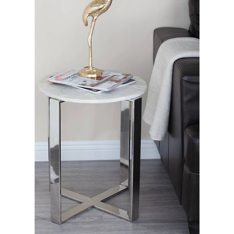 21" White Marble & Stainless Steel Modern Accent Table