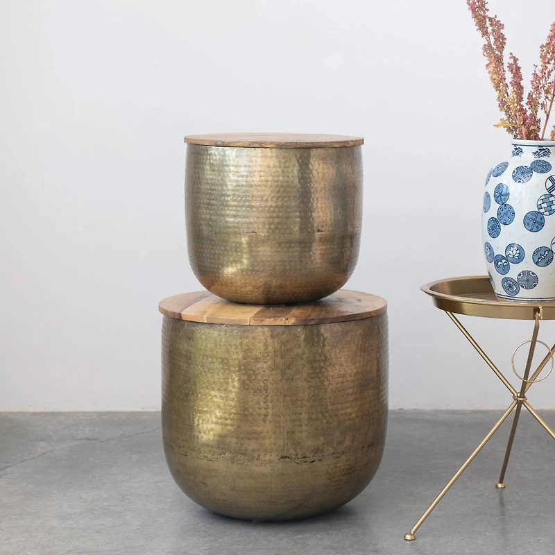 Hello Honey® 18" Gold Metal Nesting Tables with Wood Lids Set