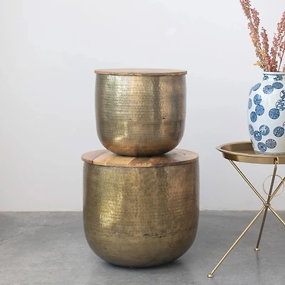 Hello Honey® 18" Gold Metal Nesting Tables with Wood Lids Set