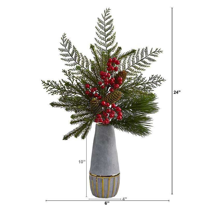 24" Mixed Pine, Pinecone & Berry Arrangement in Stoneware Vase