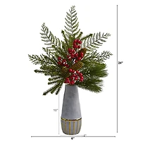 24" Mixed Pine, Pinecone & Berry Arrangement in Stoneware Vase