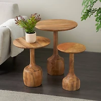 Brown Mango Wood Handmade Cone Shaped Accent Table with Black Tabletop Set