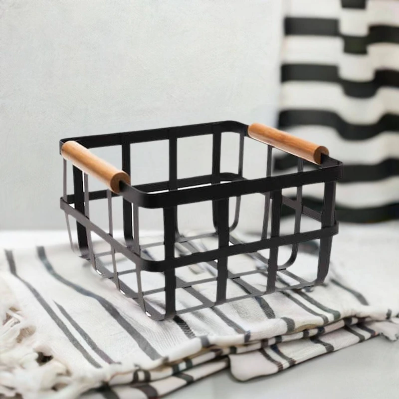 Simplify Small Square Black Metal Basket with Bamboo Handles