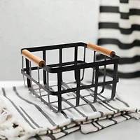 Simplify Small Square Black Metal Basket with Bamboo Handles