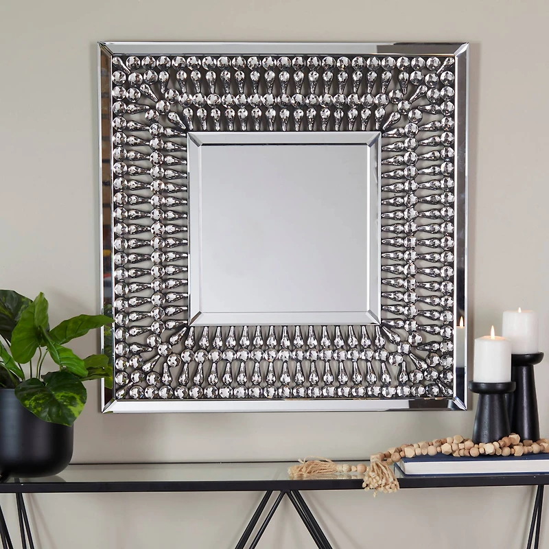Silver Glass Wall Mirror with Crystal Embellishment 32" x 1" x 32"