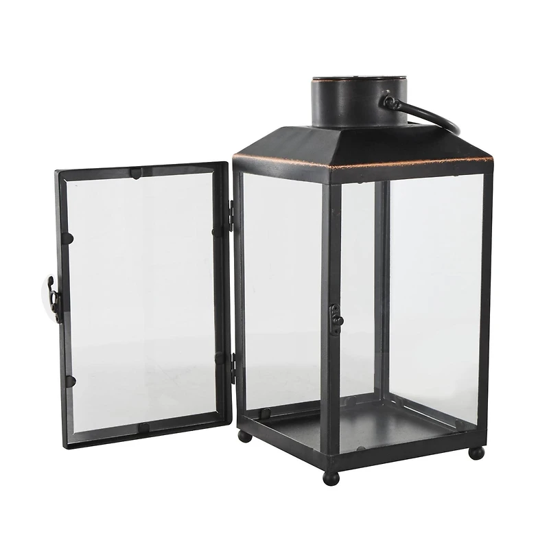 14" Black Metal Modern Candle Lantern with Gold Accents