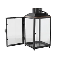 14" Black Metal Modern Candle Lantern with Gold Accents