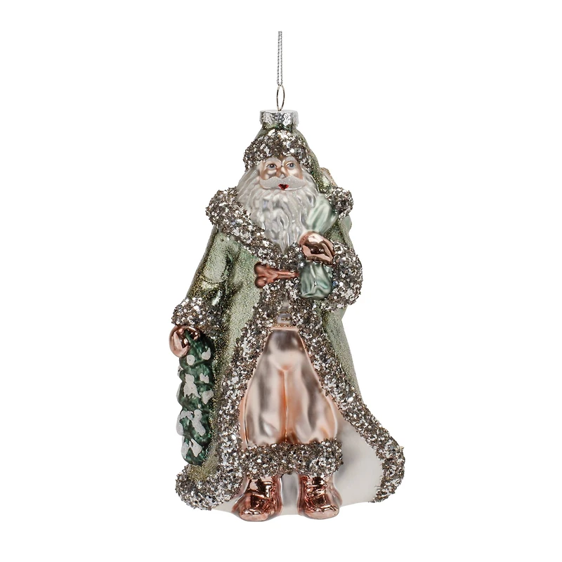 8" Glittered Green Glass Santa Ornaments, 6ct.
