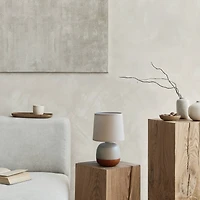 Simple Designs 12" Petite Mid Century Dark Woodgrain Base Table Lamp