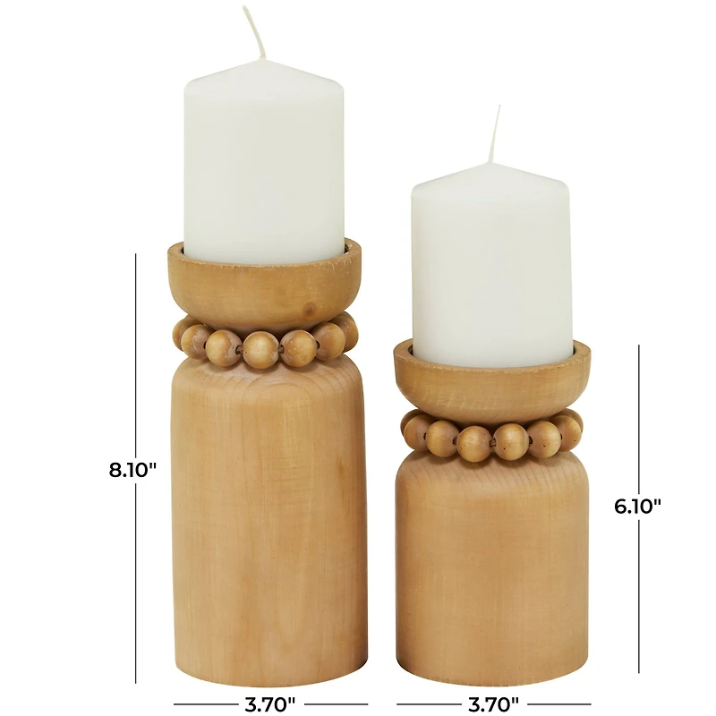 Brown Wood Beaded Pillar Candle Holder Set