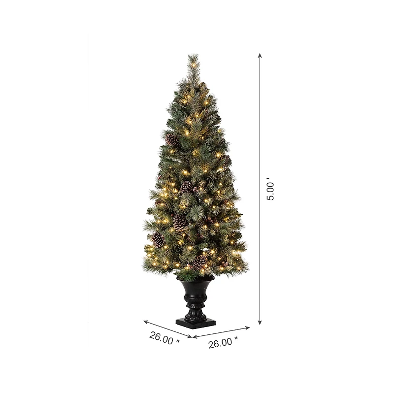 5ft. Pre-Lit Flocked Pine Artificial Christmas Tree in Black Urn, Warm White Lights