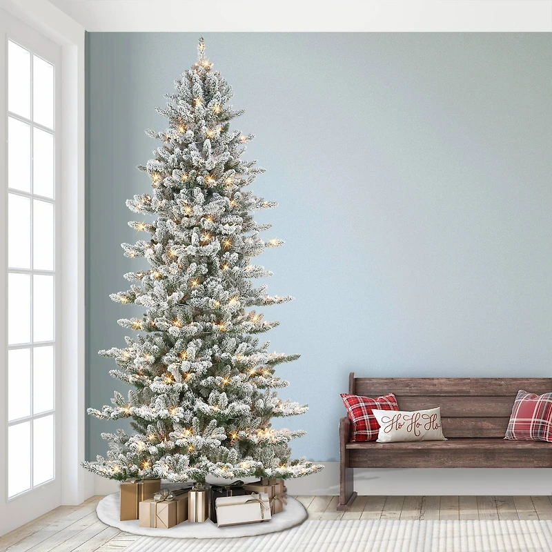 9ft. Pre-Lit Slim Flocked Royal Majestic Artificial Spruce Christmas Tree, Clear Lights
