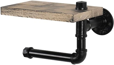 Rustic Brown Industrial Wall-Mounted Toilet Paper Holder with Wood Shelf