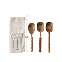 Hello Honey® 7.5" Mango Wood Spoons with Bamboo & Leather Wrapped Handle Set