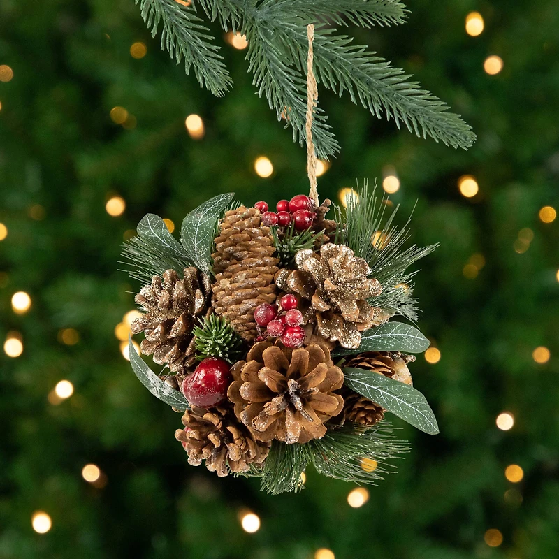 Mixed Foliage Frosted Pinecone and Berry Christmas Ball Ornament - 6"