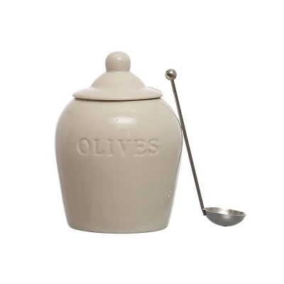 Hello Honey® 4" Debossed Olives Stoneware Jar with Stainless Steel Slotted Spoon Set