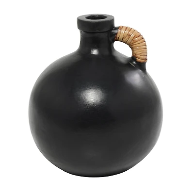 11" Black Ceramic Jug Inspired Vase with Rattan Wrapped Handle