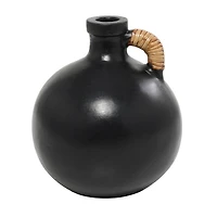 11" Black Ceramic Jug Inspired Vase with Rattan Wrapped Handle