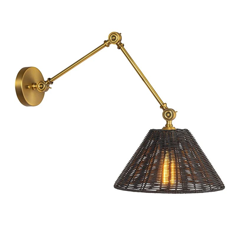 Hello Honey® 28.9" Adjustable Antique Brass Finish Wall Sconce with Black Rattan Shade