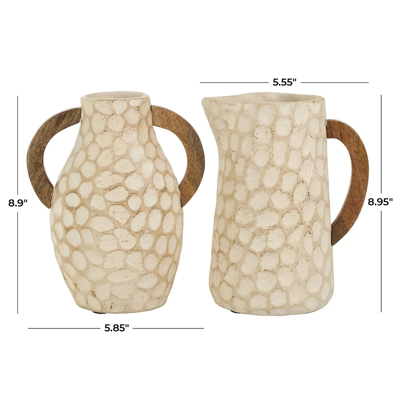 Beige Paper Mache Honeycomb Inspired Jug Vase with Wooden Handle Set