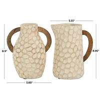 Beige Paper Mache Honeycomb Inspired Jug Vase with Wooden Handle Set
