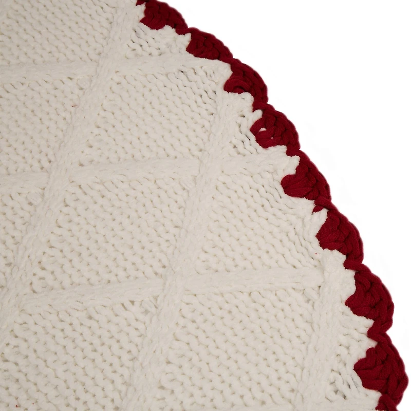 Glitzhome® 52" Knitted White Christmas Tree Skirt with Red Trim & Pom Pom