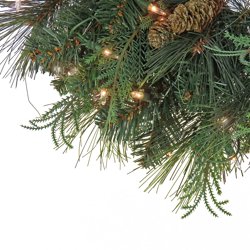 First Traditions™ 24'' Pre-Lit Artificial North Conway Wreath with Glittery Cones and Eucalyptus