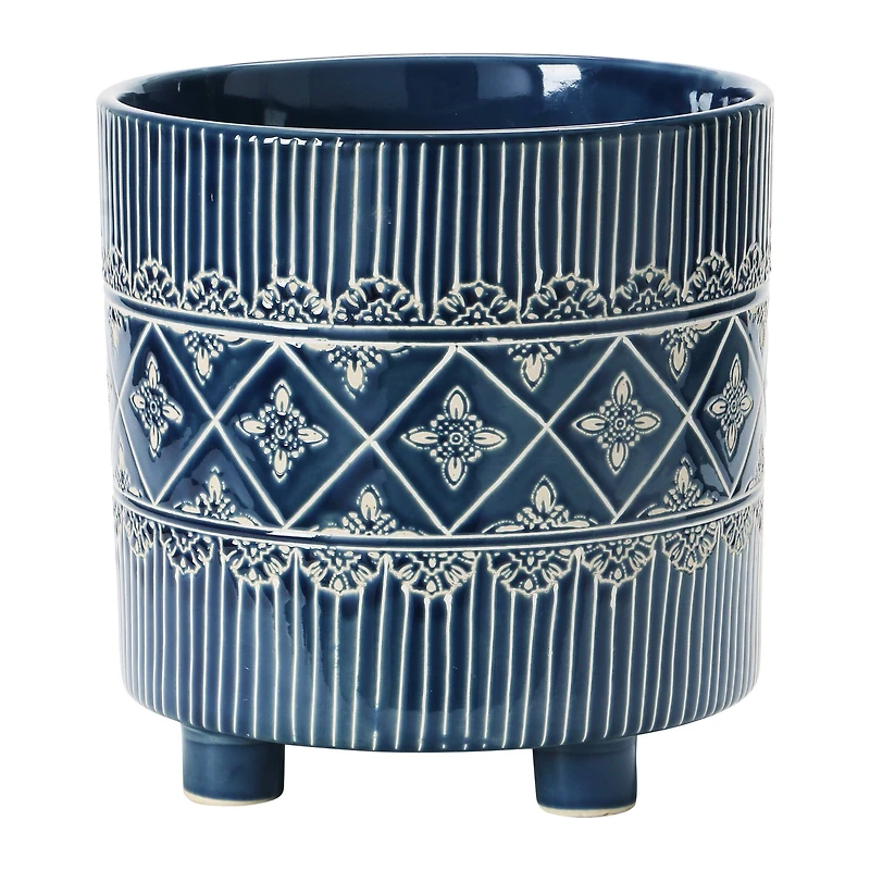 Hello Honey® 11" Blue & White Debossed Stoneware Footed Planter