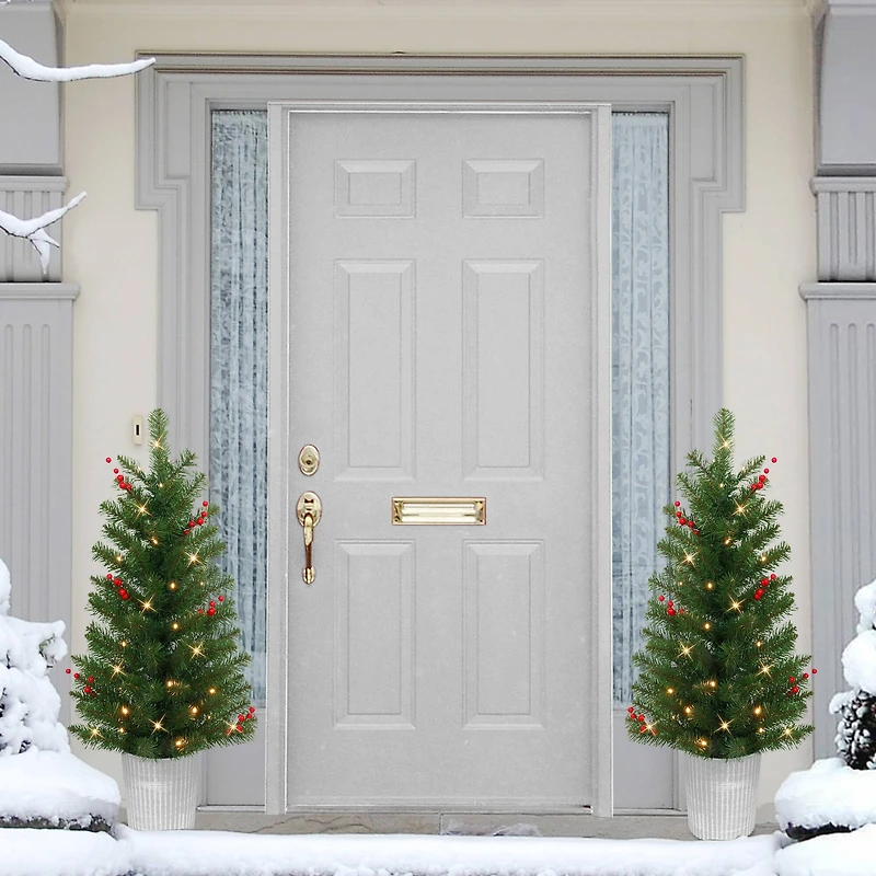 2 Pack 3.5ft. Pre-Lit Adorned Artificial Potted Christmas Tree, Warm White LED Lights