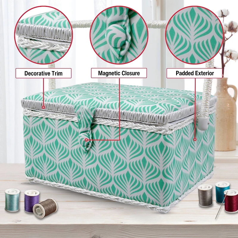 SINGER® Large Blue Boho Fan Print Sewing Basket with Sewing Scissors & Notions