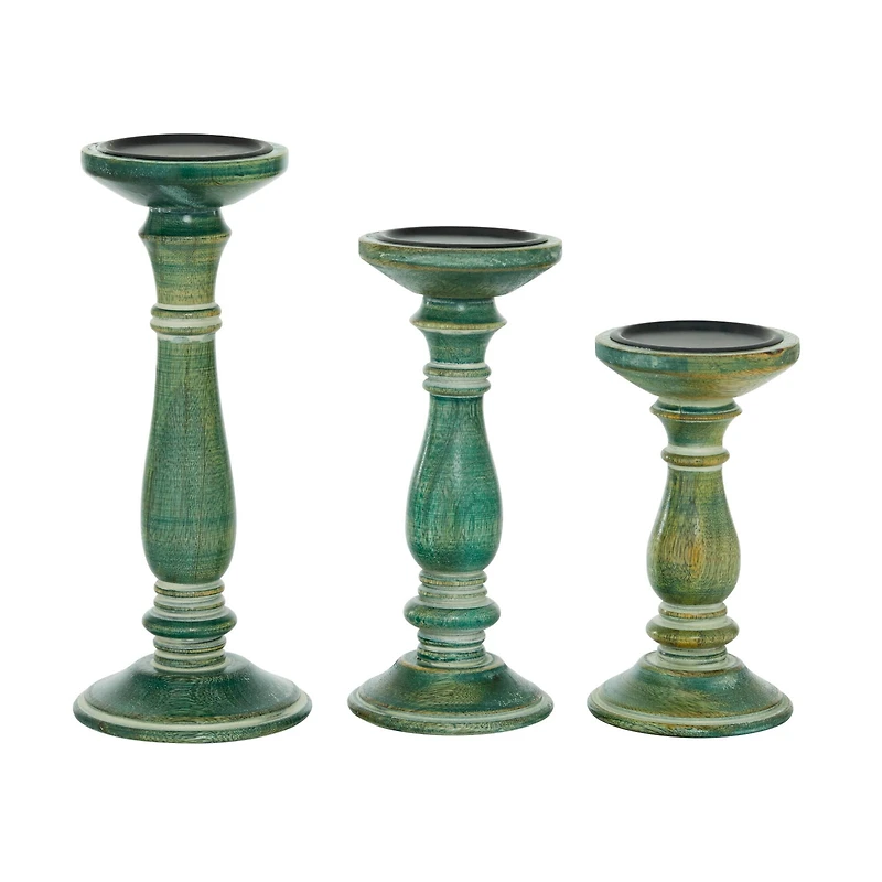 Green Mango Wood Farmhouse Pillar Candle Holder Set